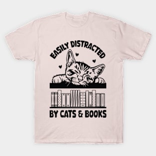 Easily Distracted Cats And Books T-Shirt